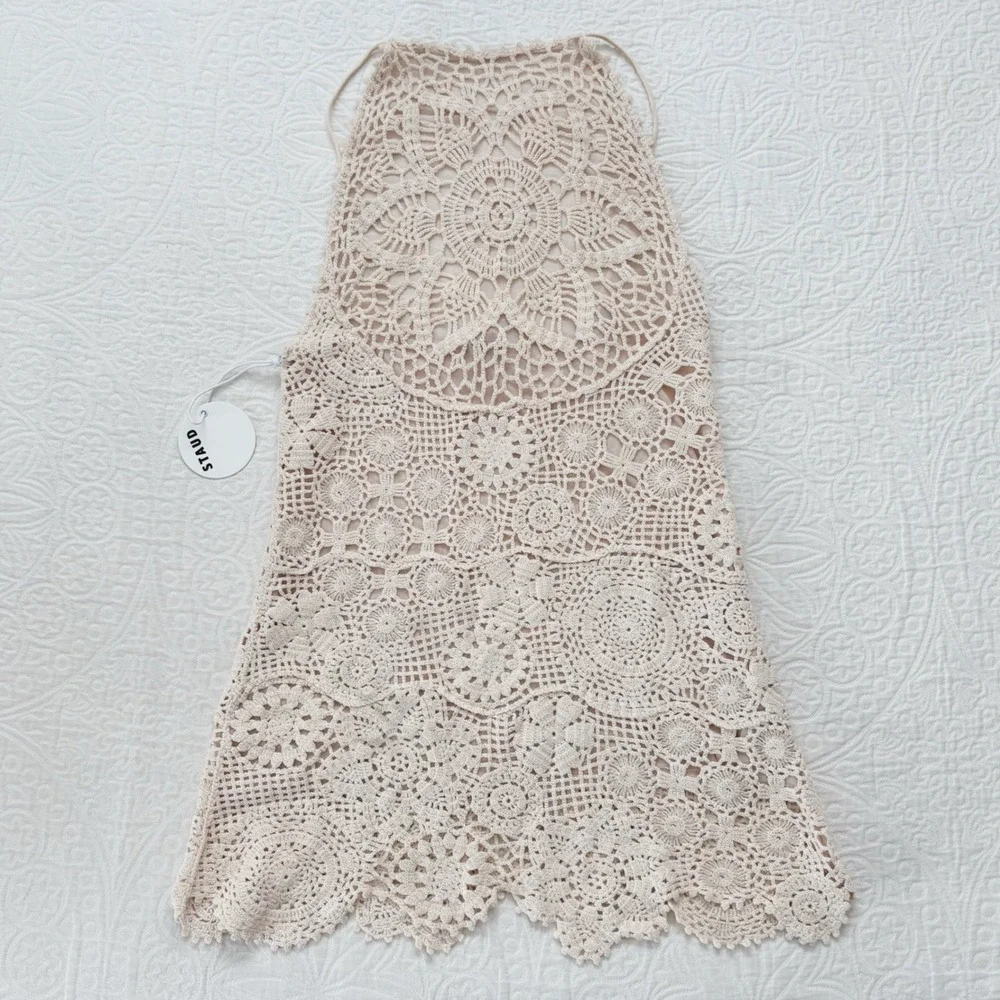 staud crochet dress Tara In Tan by Staud back and fully mesh lining STAUD, Rio Dress in Painted